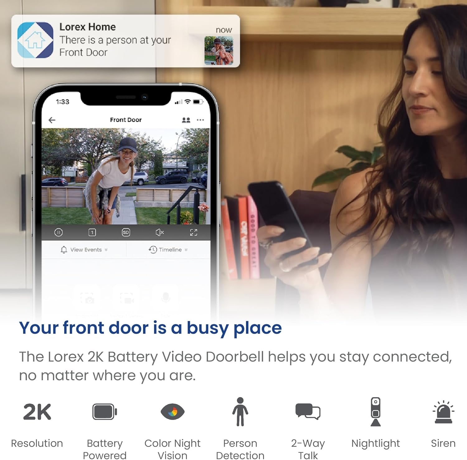 2K Wireless Wifi Smart Video Doorbell Camera W/No Subscription Fee - Smart Security Lighting, Night Vision, Battery-Powered, Motion Detection (White)